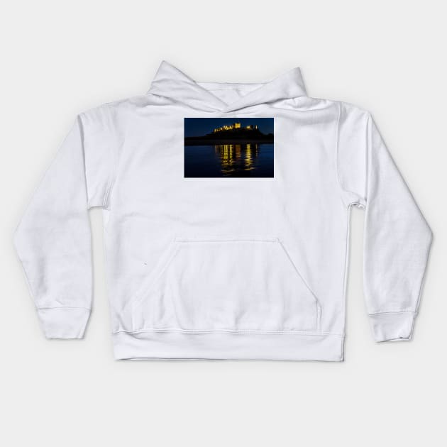 Night Reflections Of Bamburgh Castle Kids Hoodie by Reg-K-Atkinson